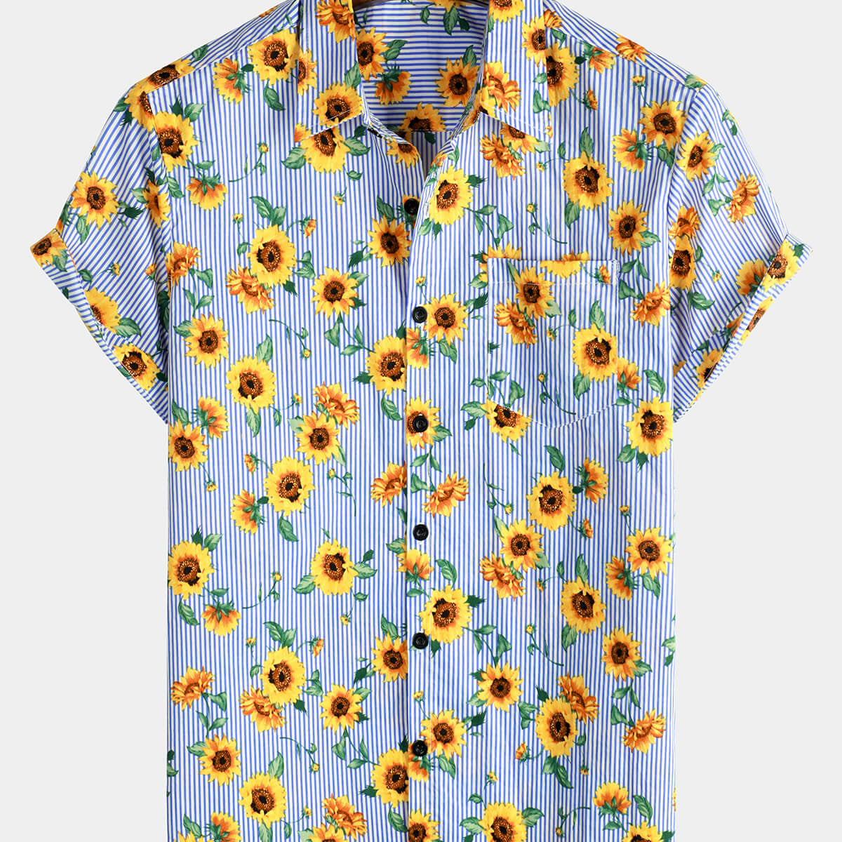 Camisa de manga corta para vacaciones de verano hawaiana con flores a rayas y flores de girasol para hombre