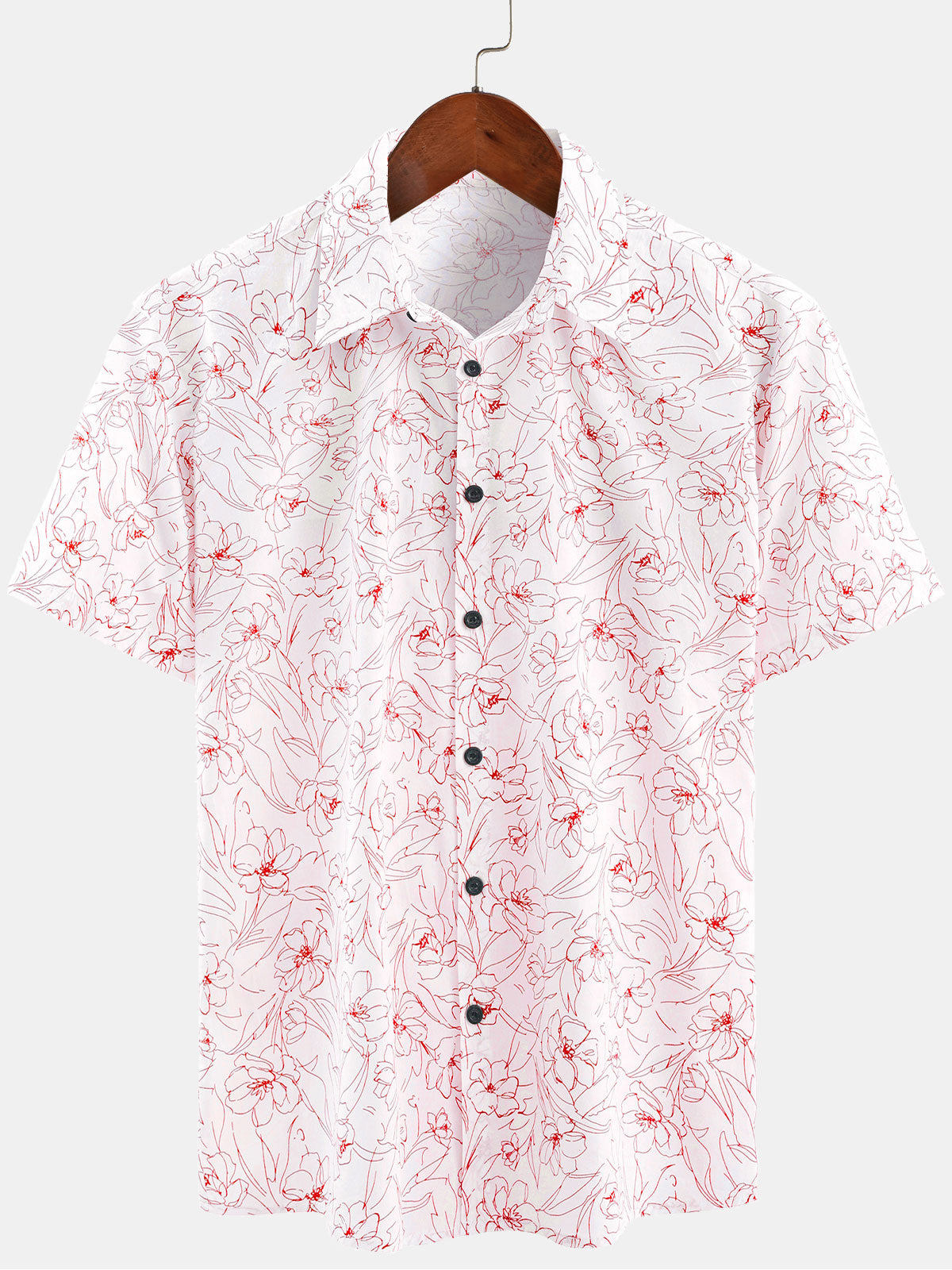Men's Casual Cotton Line Floral Print Summer Short Sleeve Shirt