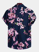 Bundle Of 2 | Men's Blue Floral Print Cotton Beach Holiday Button Up Short Sleeve White Lapel Hawaiian Shirts