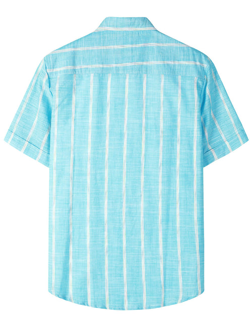 Men's Blue Linen Vertical Striped Summer Resort Button Up Short Sleeve Beach Shirt