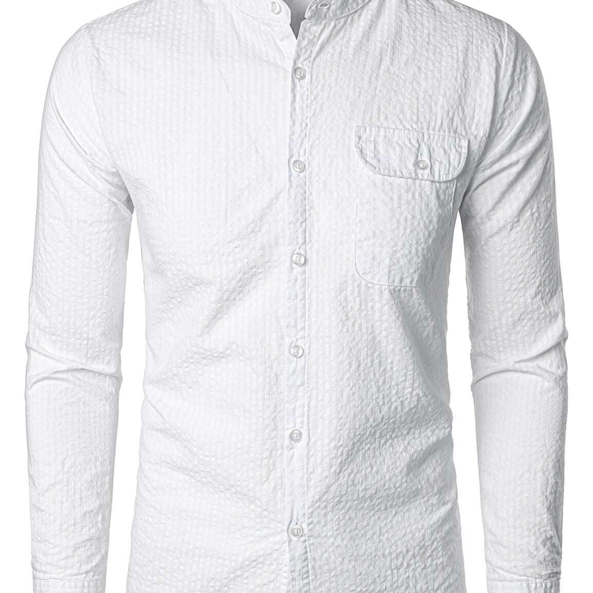 Camisa de manga larga con botones y cuello Henry de color sólido con bolsillo informal 100% algodón para hombre