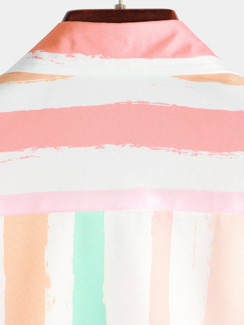 Bundle Of 2 | Men's Summer Vertical Striped Pocket Rainbow Short Sleeve Shirts