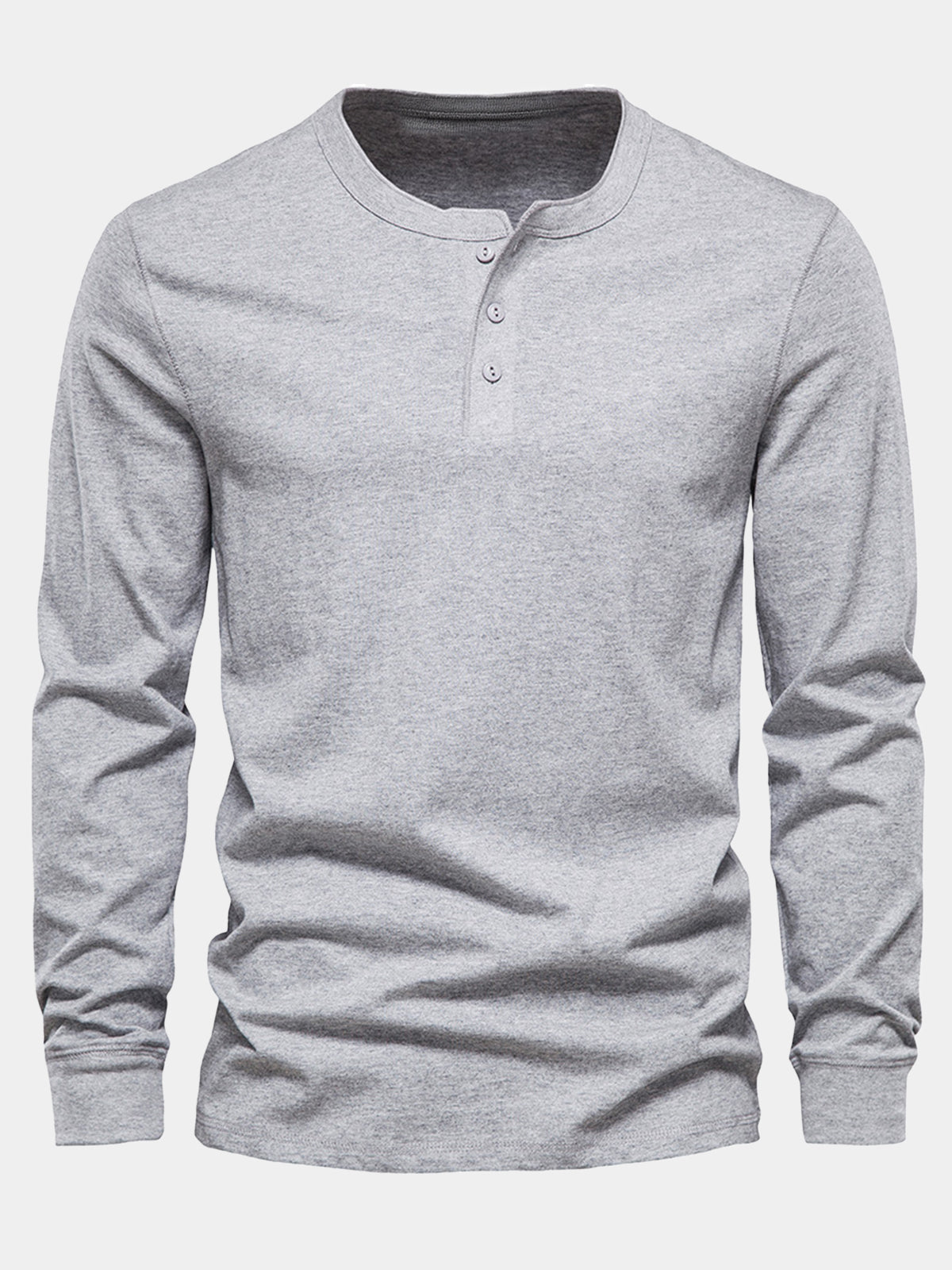 Men's Grey Cotton Long Sleeve Henley T-Shirt