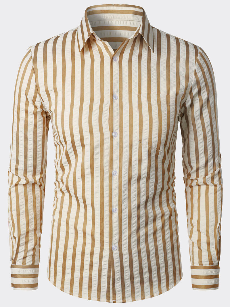 Men's Breathable Striped Pocket Casual Button Up Long Sleeve Shirt