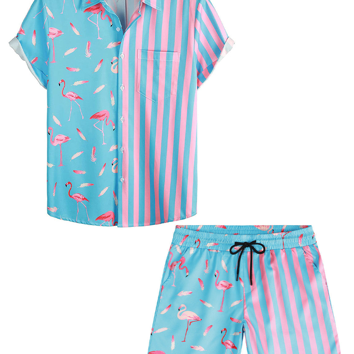Men's Pink Flamingo Striped Print Holiday Suit Short Sleeve Pocket Matching Shirt and Shorts Set