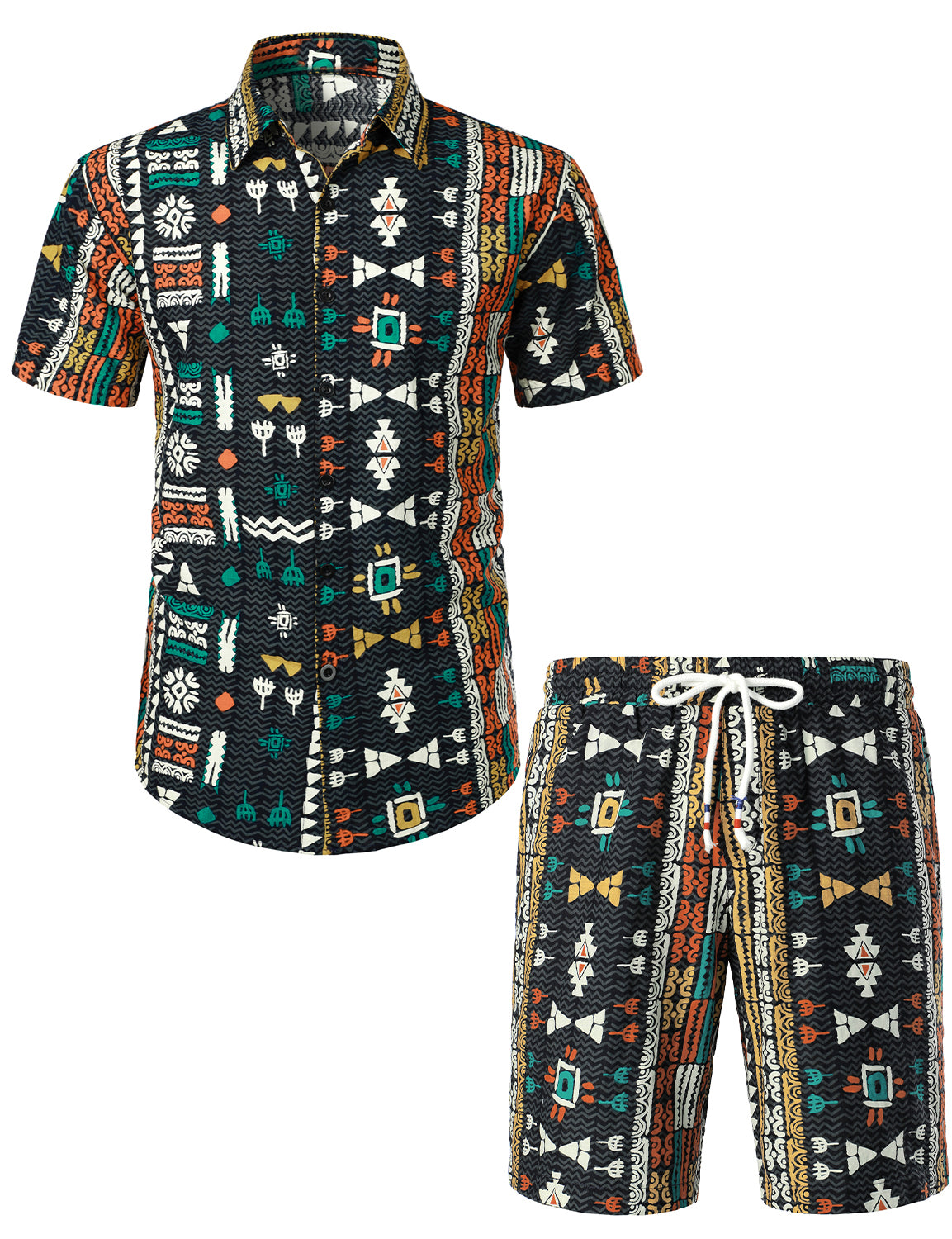 Men's Casual Boho 70s Vintage Green Matching Shirt and Shorts Set