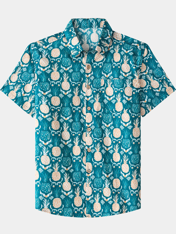 Men’s Tropical Resort Vacation Holiday Party Hawaiian Pineapple Cotton Short Sleeve Shirt