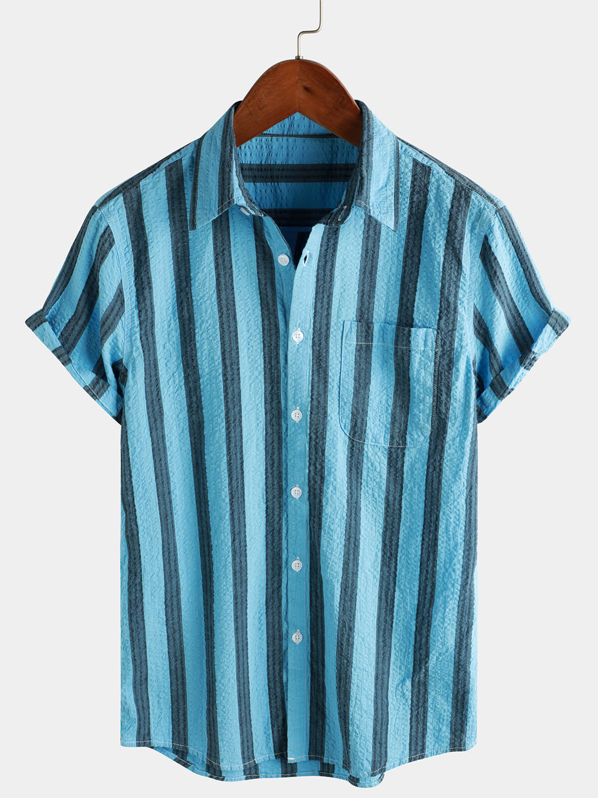 Men&#39;s Striped Cotton Casual Pocket Hawaiian Holiday Button Up Short Sleeve Shirt