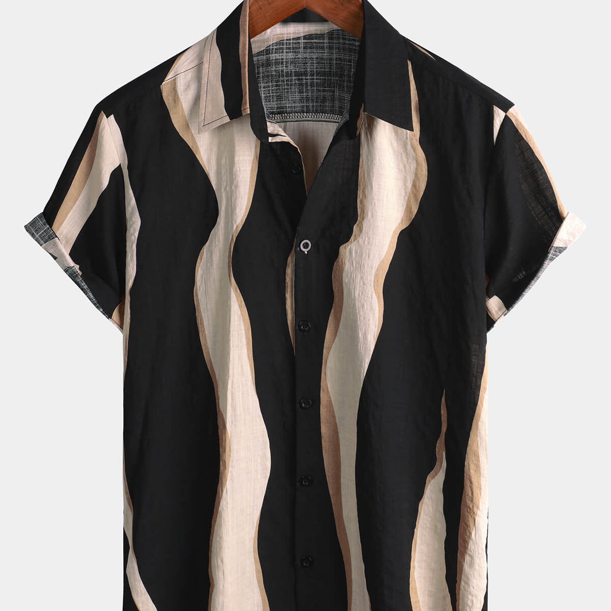 Camisa de manga corta con botones negros para vacaciones de verano a rayas informales retro para hombre