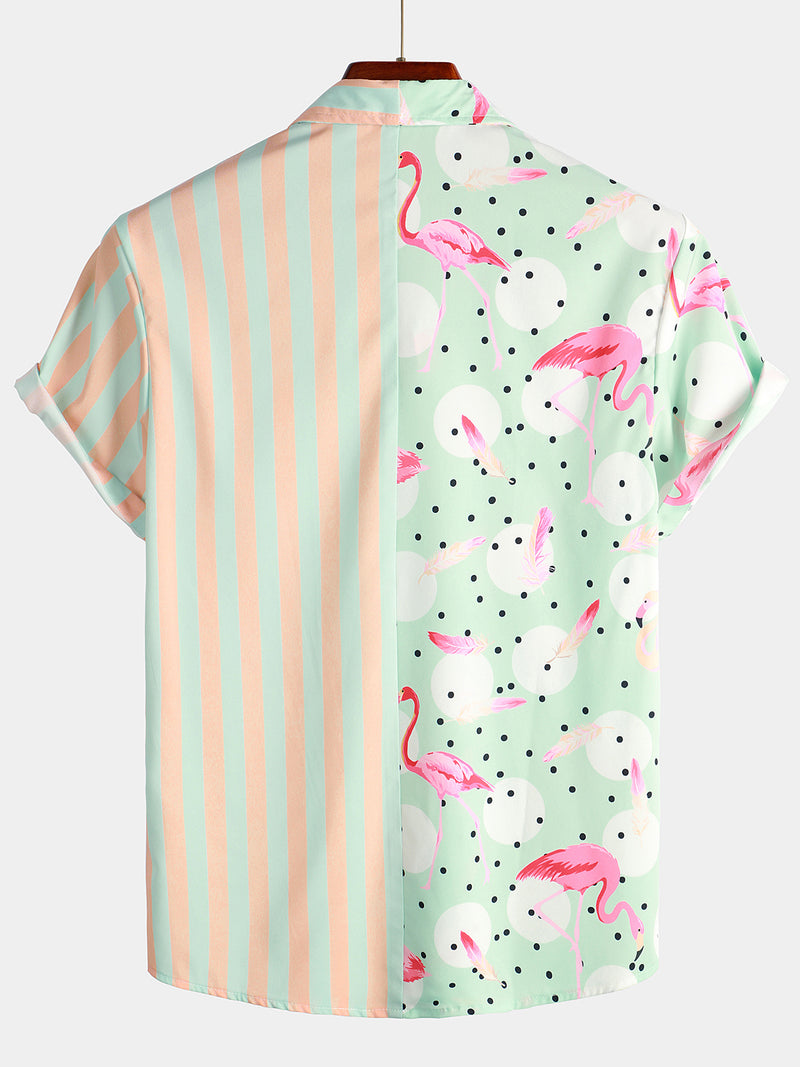 Men's Flamingo & Striped Print Holiday Short Sleeve Shirt