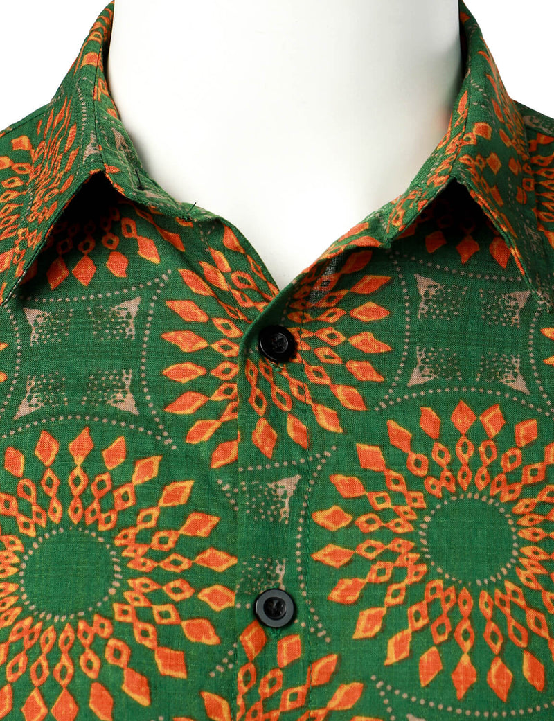 Men's Cotton Vintage 70s Floral Retro Button Up Green Summer Beach Bohemian Boho Short Sleeve Shirt