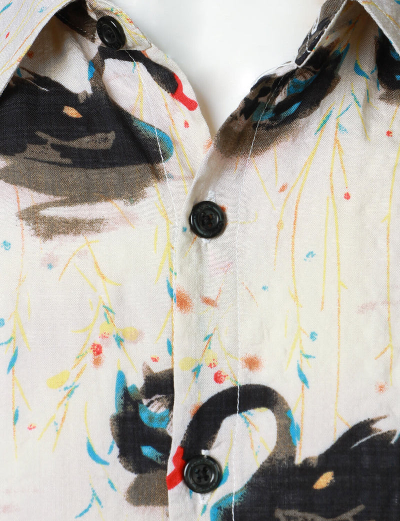 Men's Cotton Black Swan Print Hawaiian Casual Summer Vacation Beach Holiday Short Sleeve Shirt