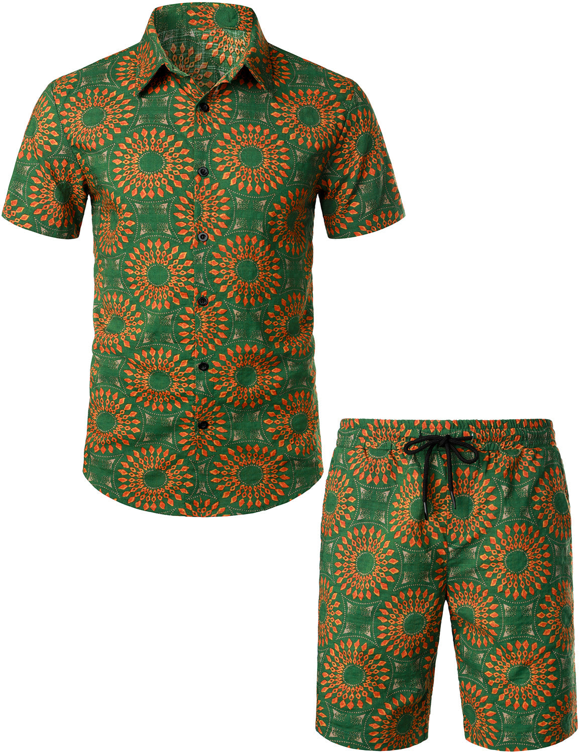 Men s Casual Boho 70s Vintage Green Matching Shirt and Shorts Set Alsofitit