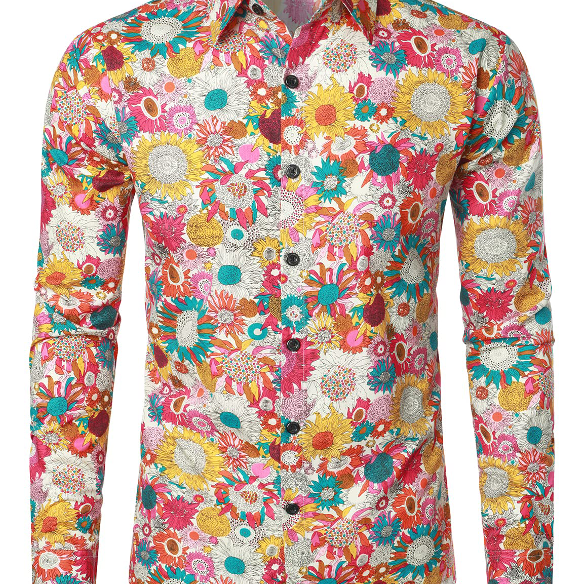 Camisa de vestir de manga larga con botones y flores de algodón floral vintage para hombre de los años 70