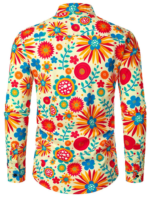 Men's Cotton Floral Button Breathable Flower Long Sleeve Shirt