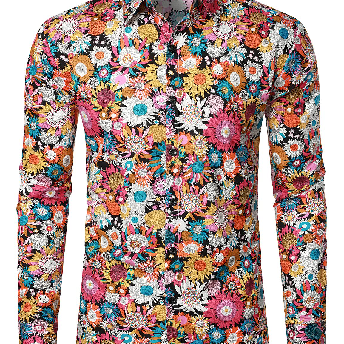Camisa de vestir de manga larga de los años 70 con botones y flores de algodón floral para hombre