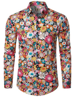 Men's Floral Cotton Flower Button Up 70s Long Sleeve Dress Shirt