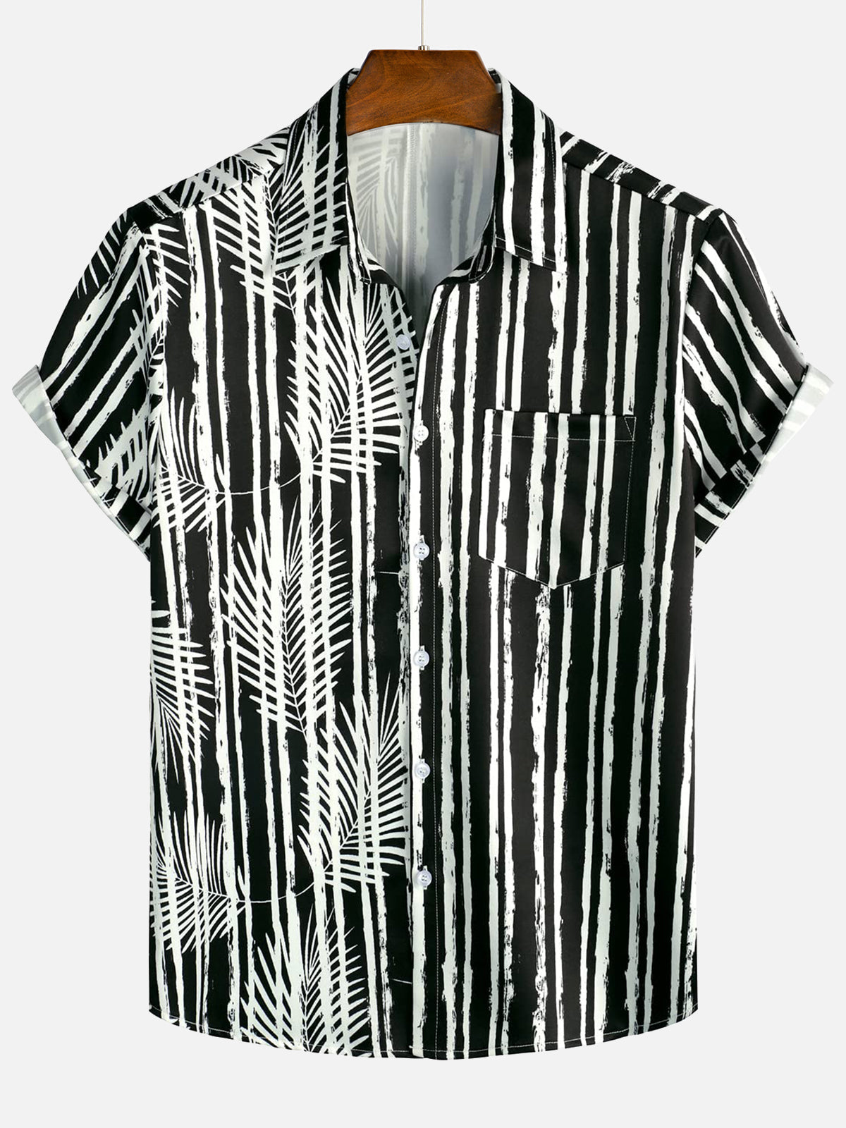 Men's Tropical Plant Striped Print Pocket Hawaiian Black Short Sleeve Shirt
