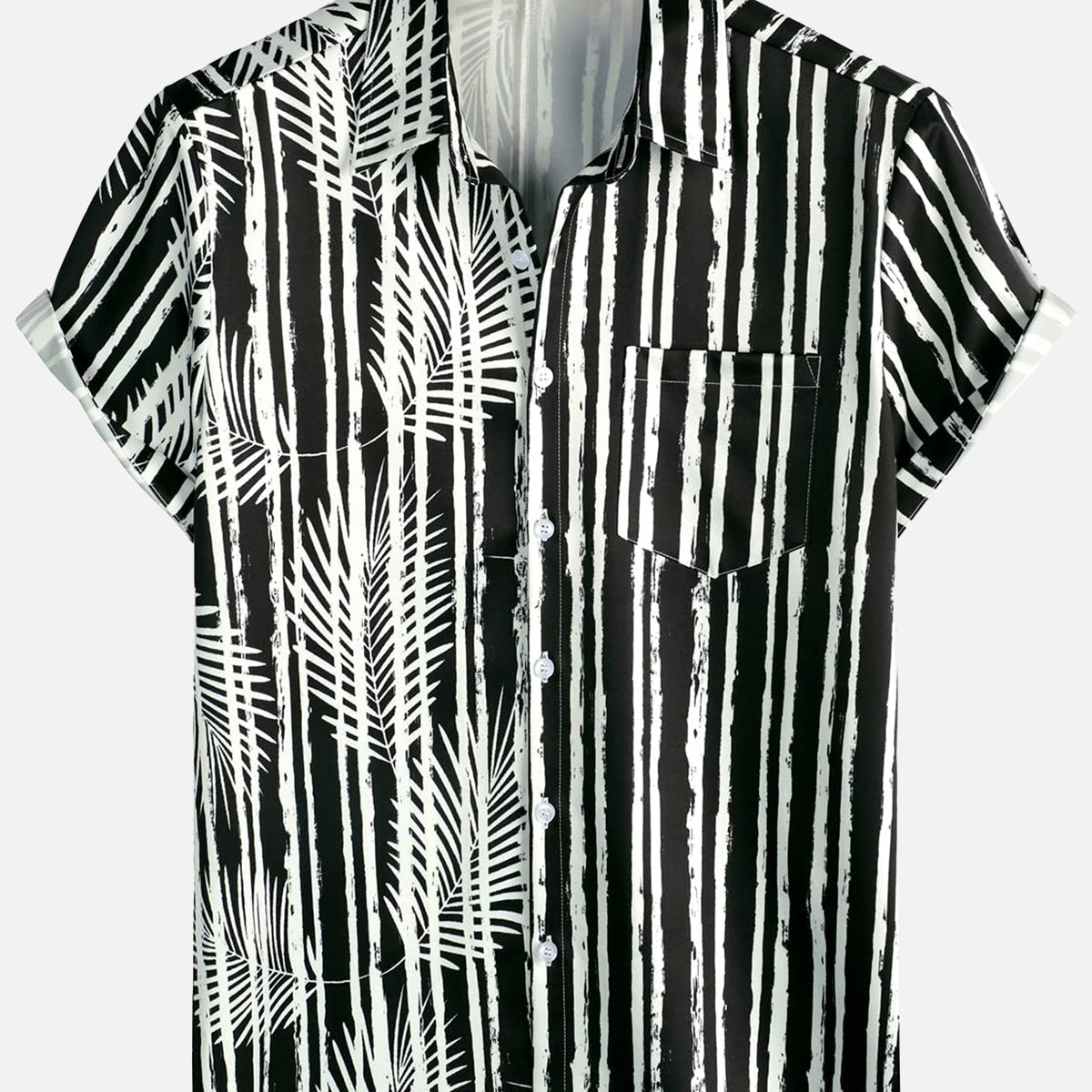 Men's Tropical Plant Striped Print Pocket Hawaiian Black Short Sleeve Shirt