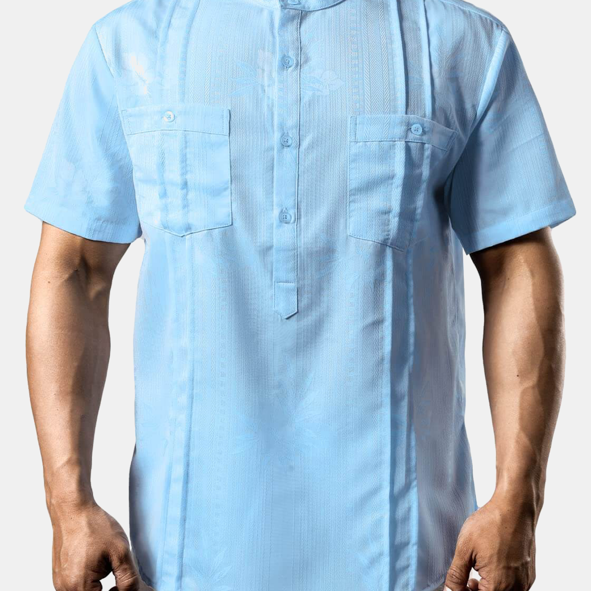 Camisa de playa hawaiana de manga corta de verano con bolsillo Henley de jacquard floral informal para hombre