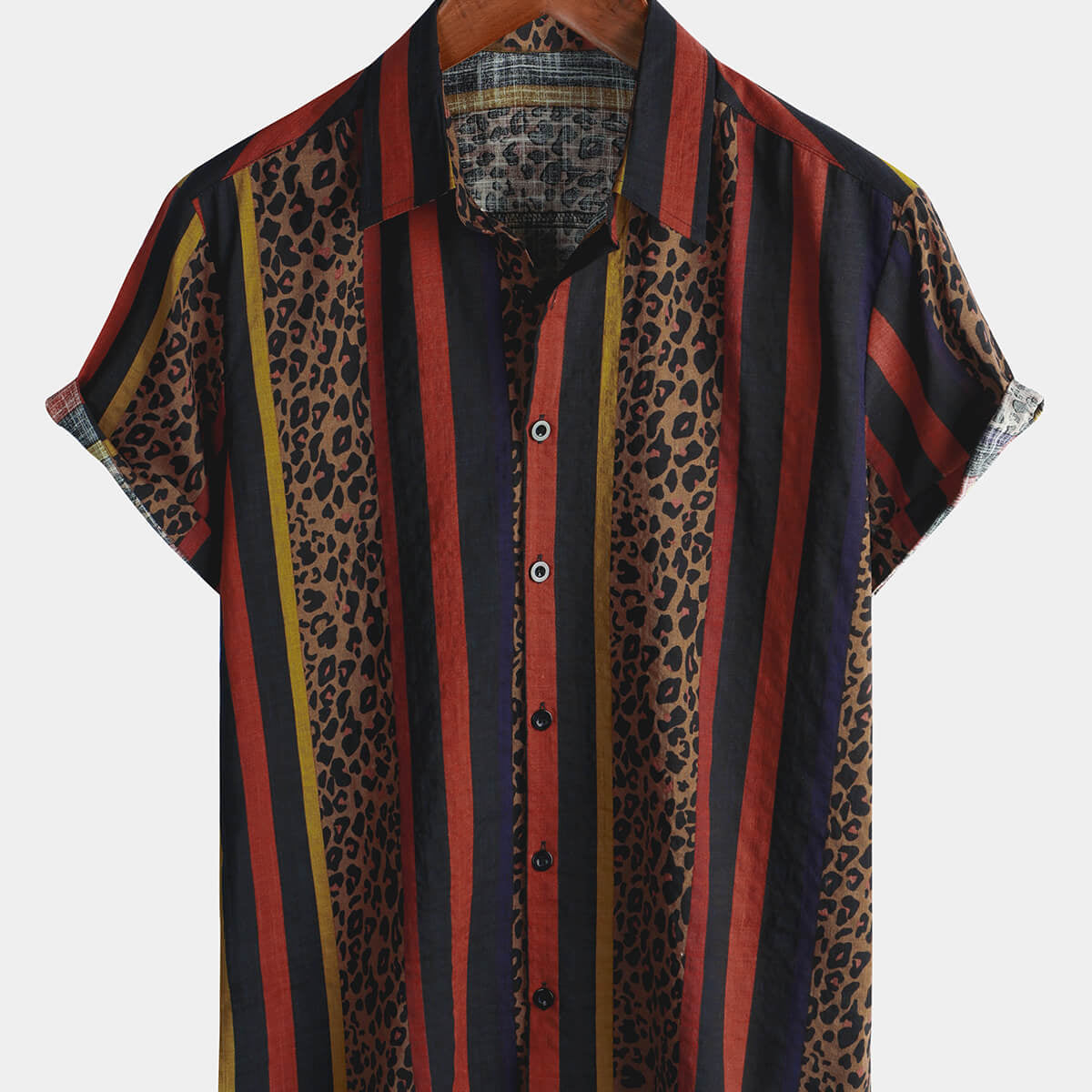 Camisa con botones de manga corta para vacaciones de verano, estilo vintage, con rayas verticales y leopardo para hombre