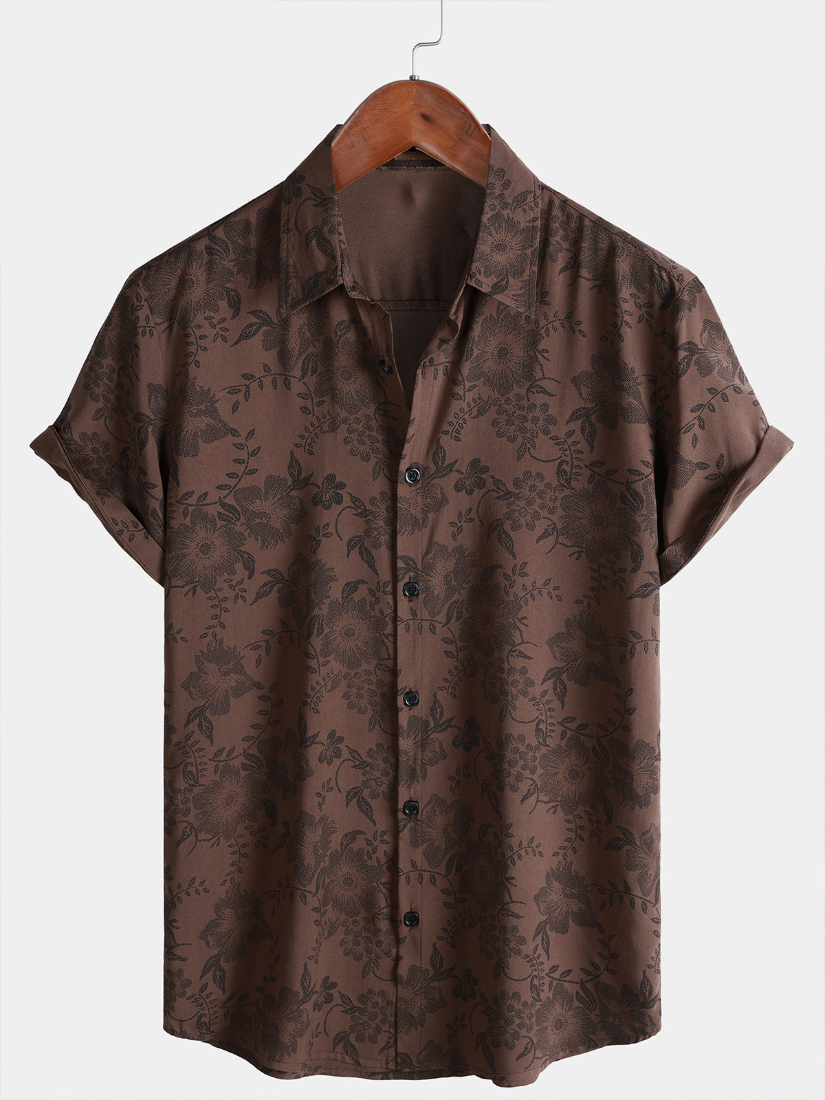 Men's Retro Brown Floral Holiday Wear Short Sleeve Shirt