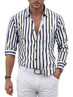 Men's Breathable Striped Pocket Casual Button Up Long Sleeve Shirt