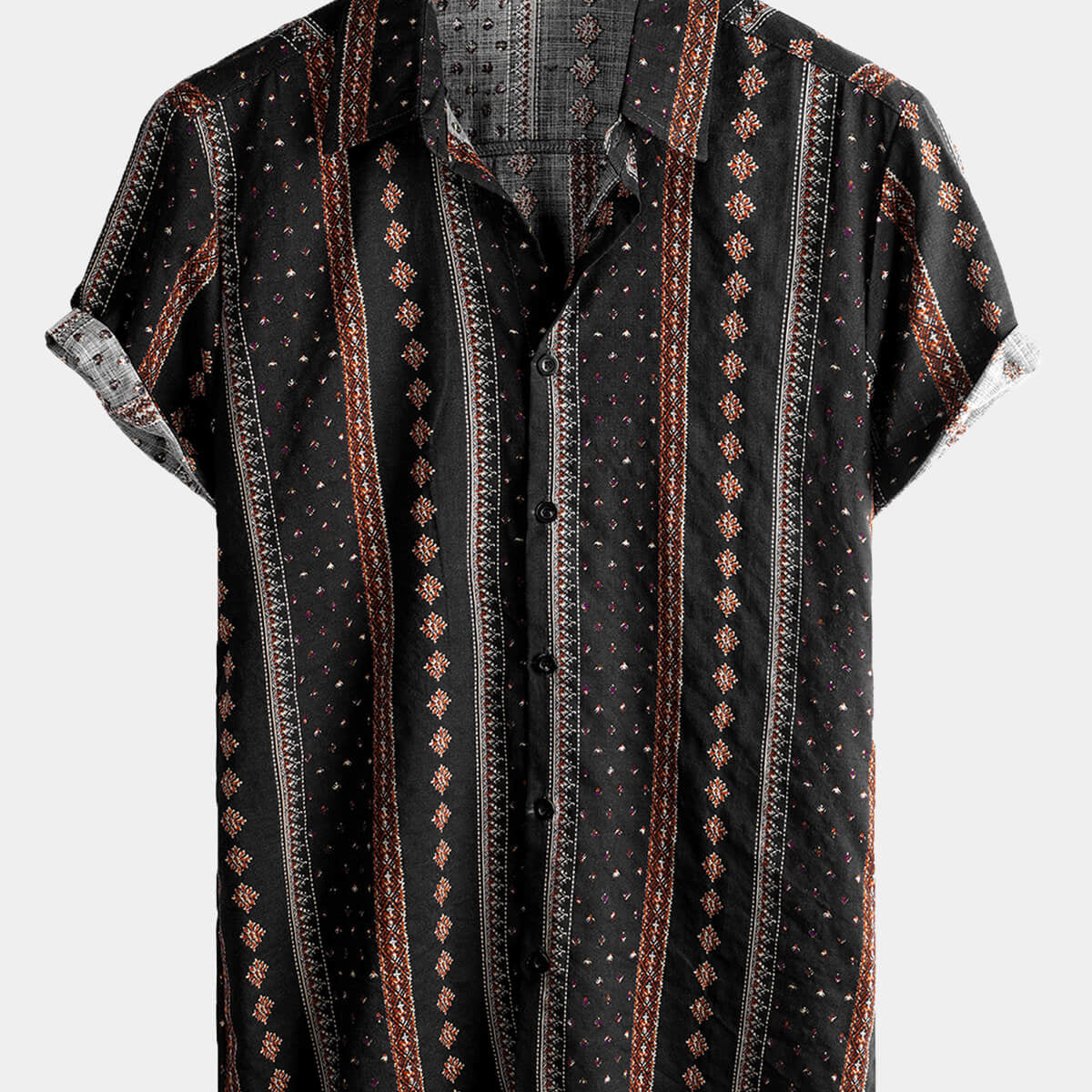 Camisa occidental de manga corta vintage con botones y estampado de rayas negras retro para hombre de los años 70