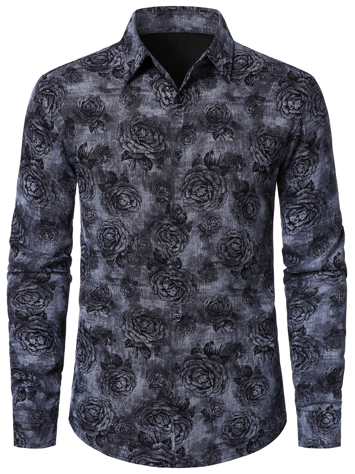Men's Casual Rose Floral Long Sleeve Shirt