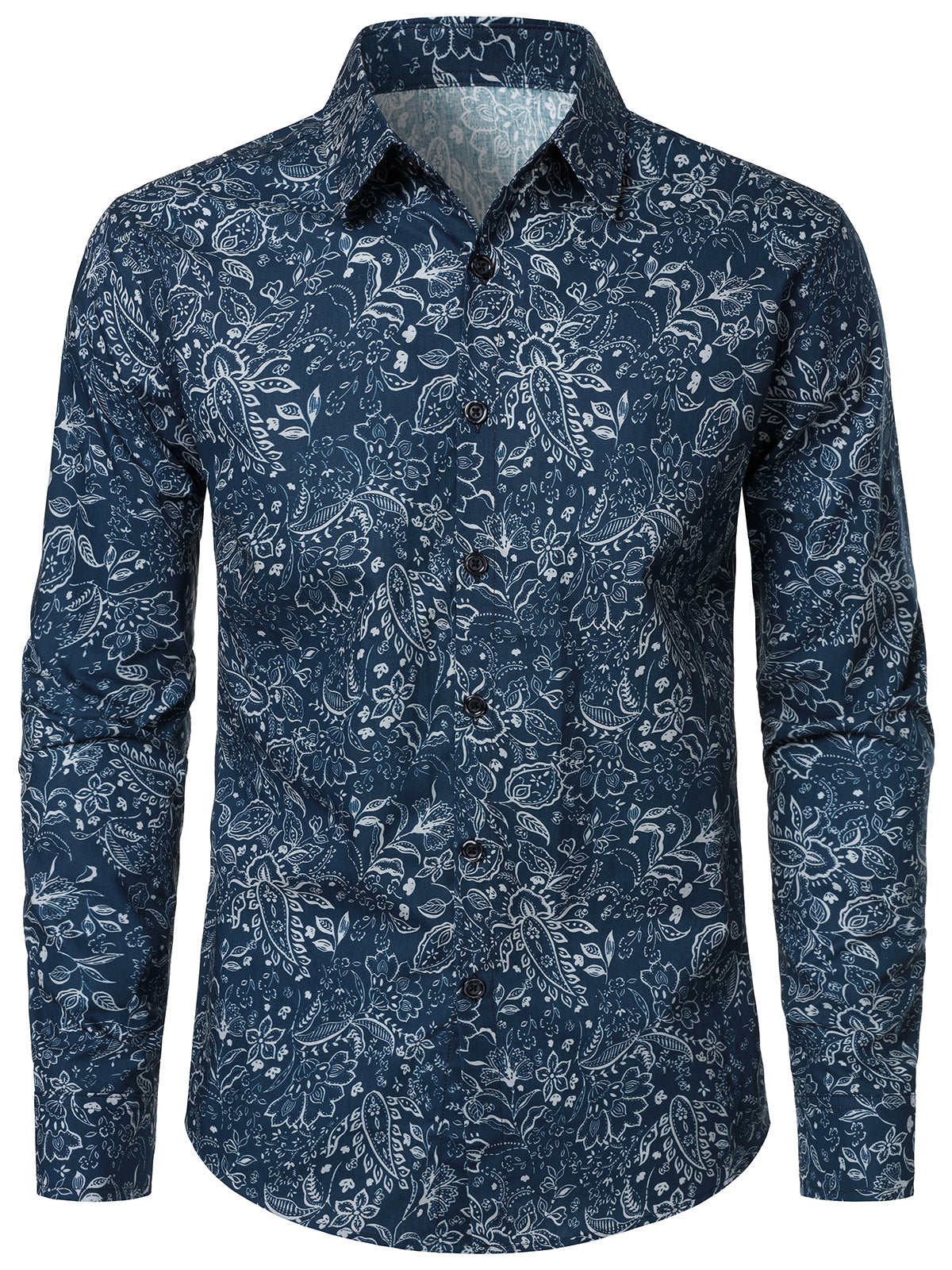 Men's Paisley Floral Cotton Blue Long Sleeve Shirt