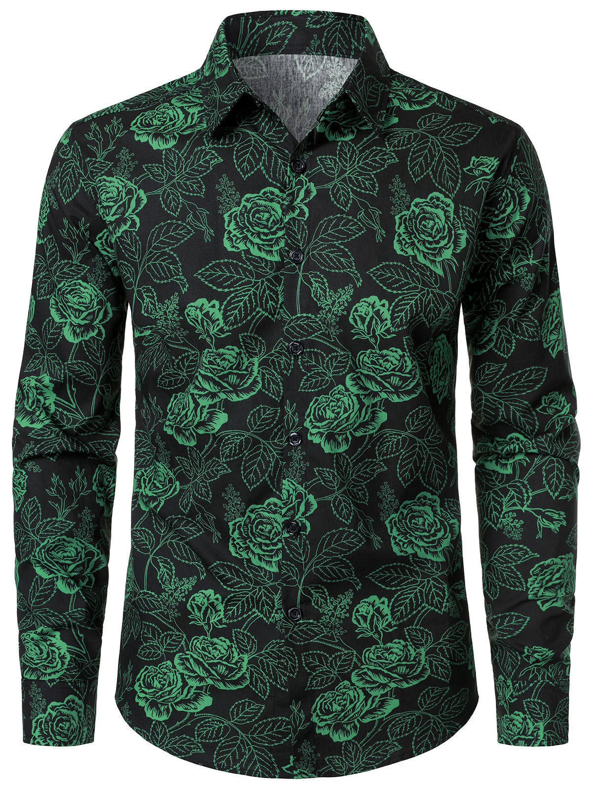 Men's Green Rose Floral Long Sleeve Shirt