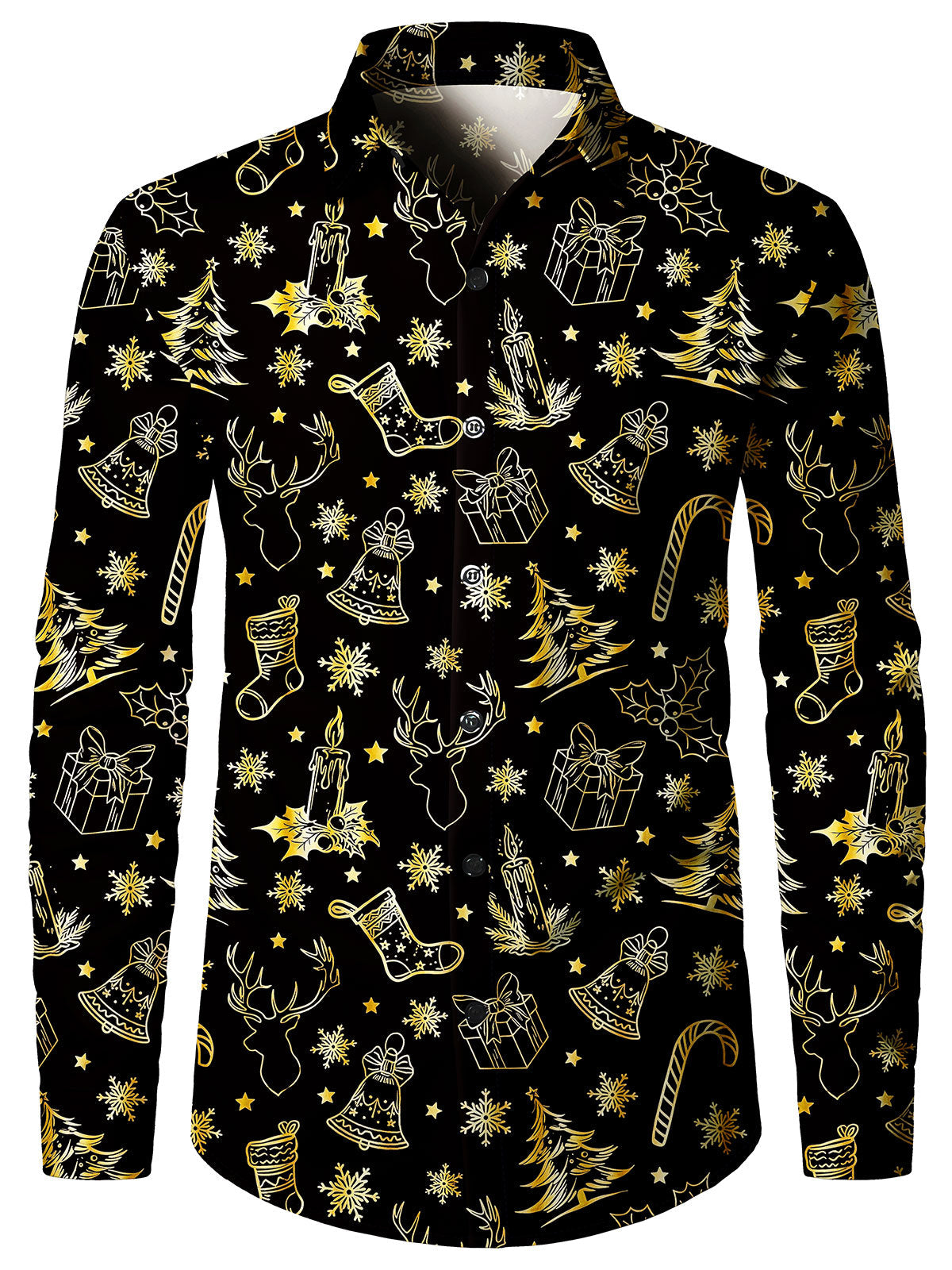 Men's Golden Christmas Print Holiday Long Sleeve Shirt