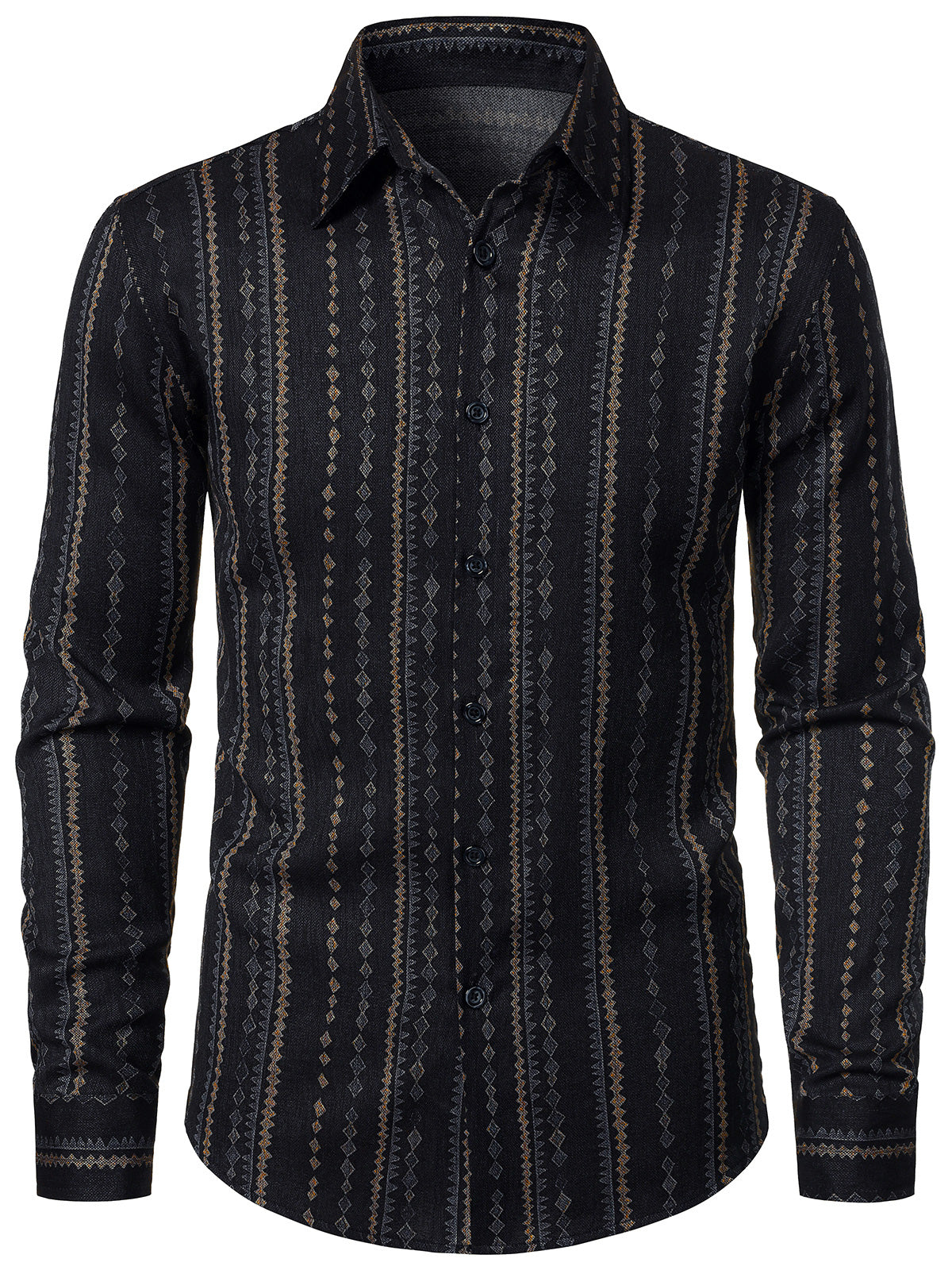 Men's Vintage Striped 70s Button Up Black Long Sleeve Shirt