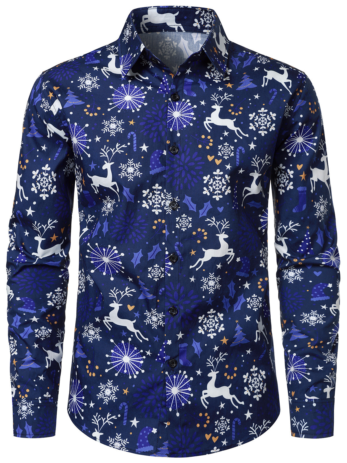 Men's Christmas Reindeer Snowflake Cotton Long Sleeve Shirt