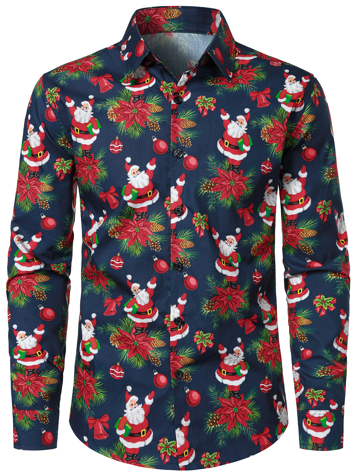 Men's Christmas Santa Claus Floral Cotton Long Sleeve Shirt