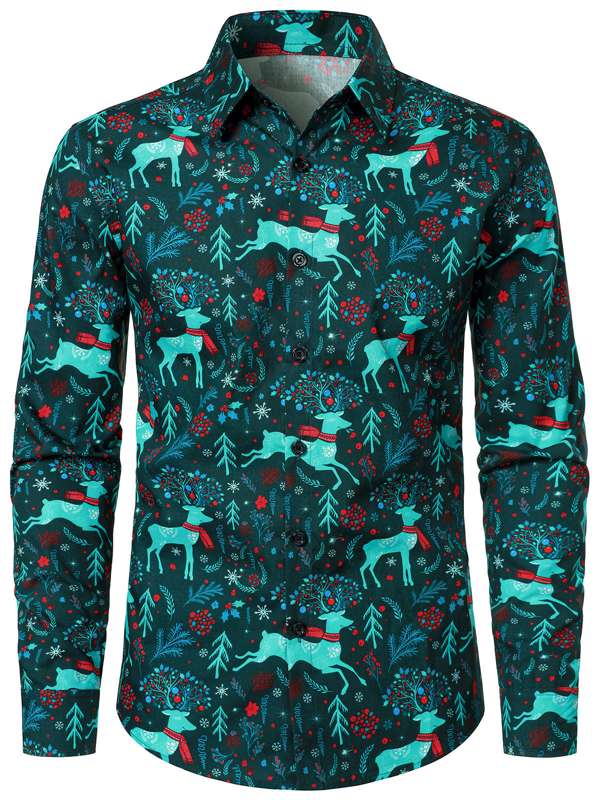 Men's Green Christmas Reindeer Holiday Cotton Long Sleeve Shirt