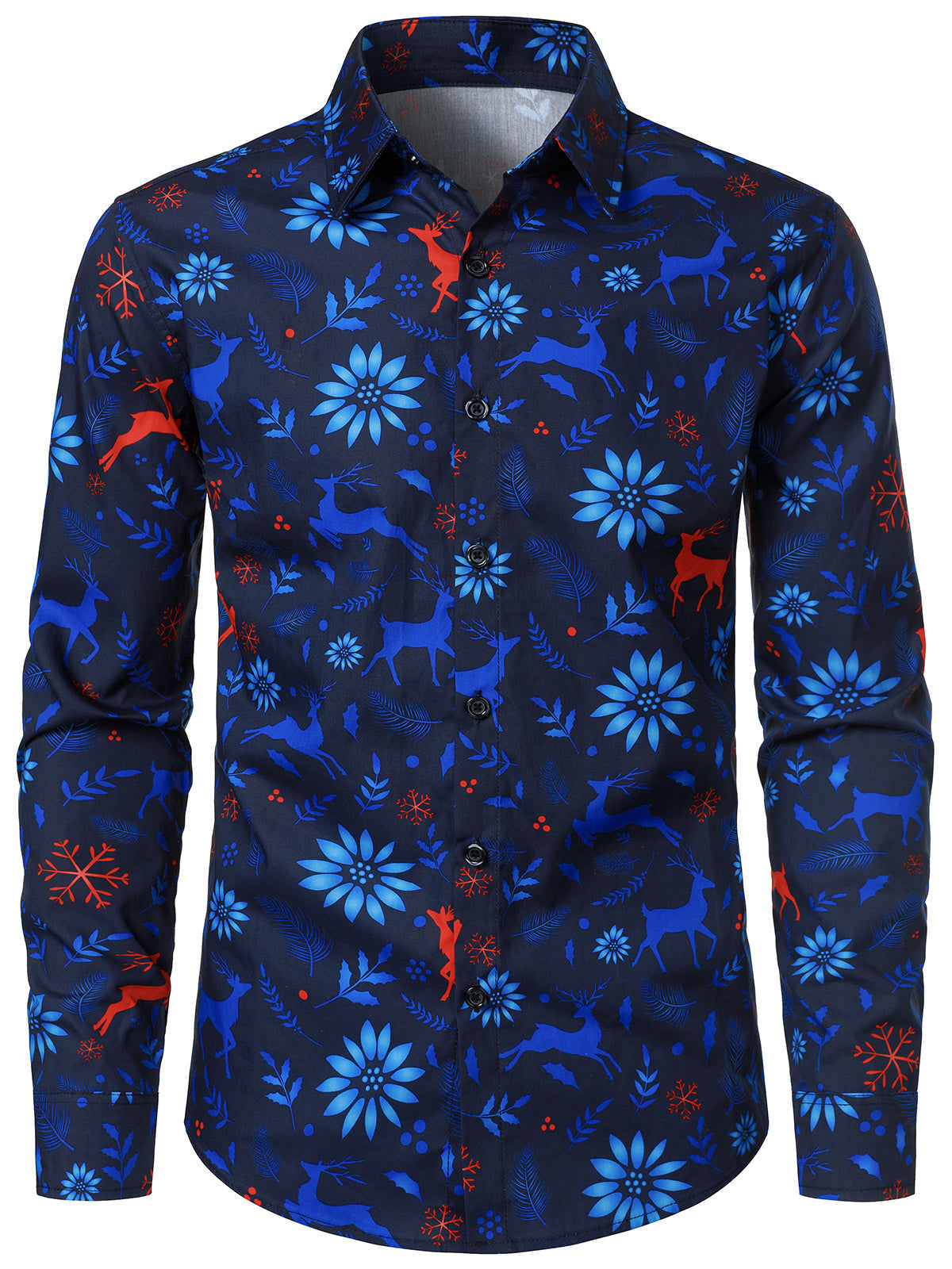 Men's Christmas Reindeer Holiday Floral Cotton Navy Blue Long Sleeve Shirt