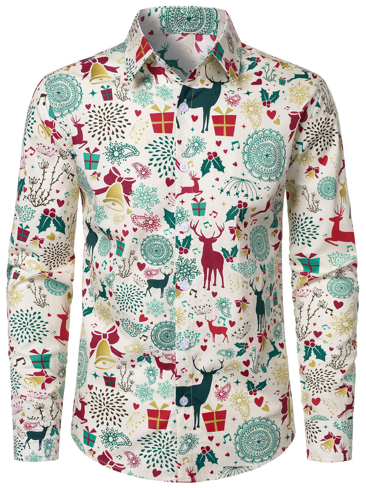 Men's Christmas Reindeer Print Long Sleeve Holiday Party Shirt