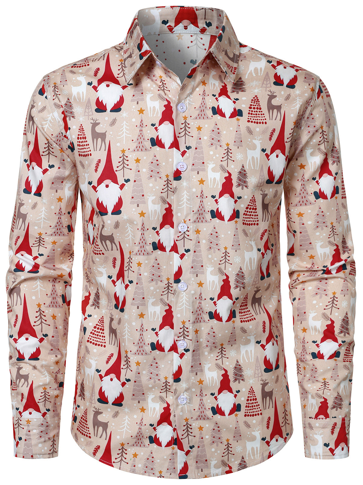 Men's Christmas Gnome Reindeer Pattern Long Sleeve Holiday Shirt
