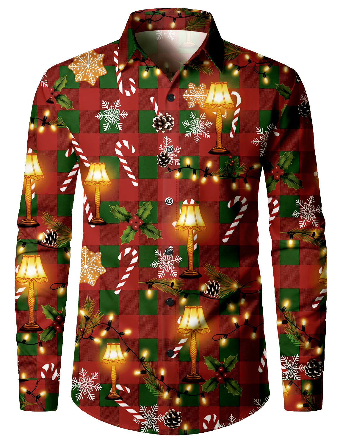 Men’s Christmas Plaid Candy Cane Snowflake Holiday Lights Long Sleeve Shirt