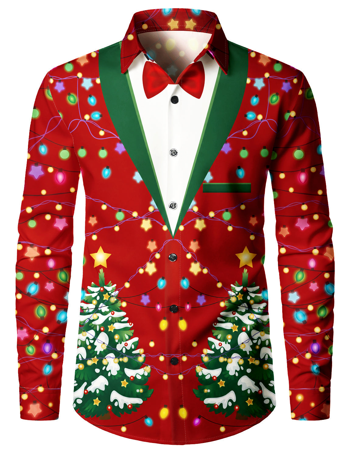 Men's Christmas Tree Lights Bow Tie Print Long Sleeve Holiday Shirt