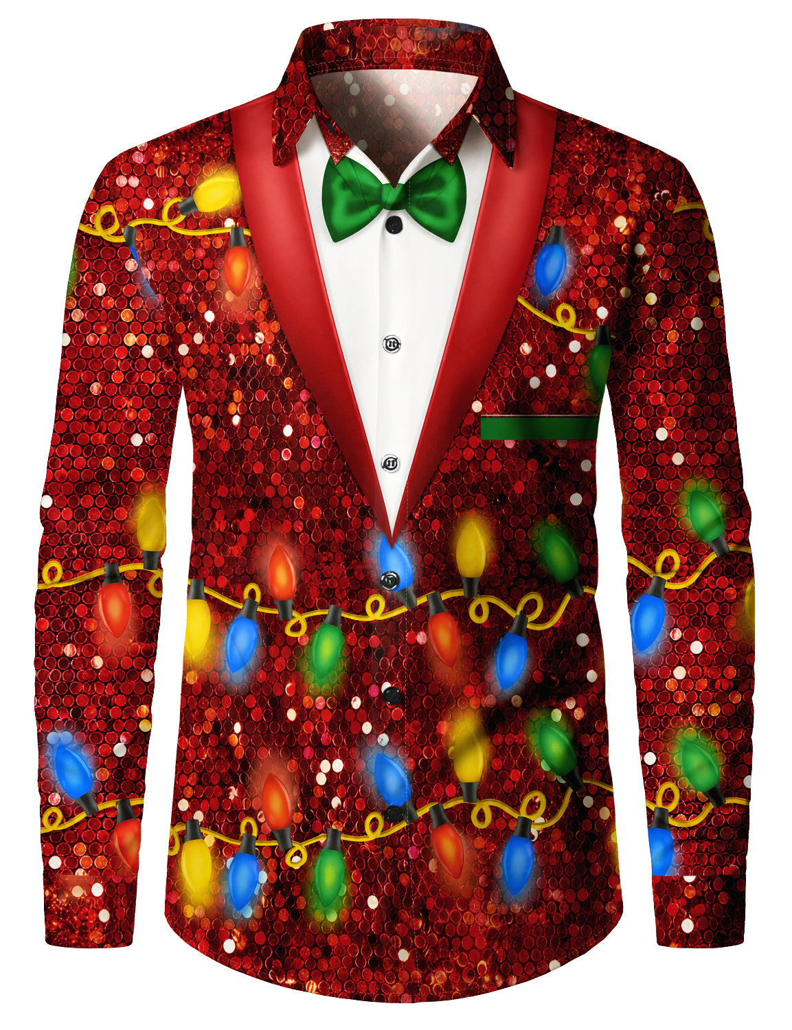 Men's Christmas Sequin Tuxedo Colorful Lights Long Sleeve Holiday Shirt
