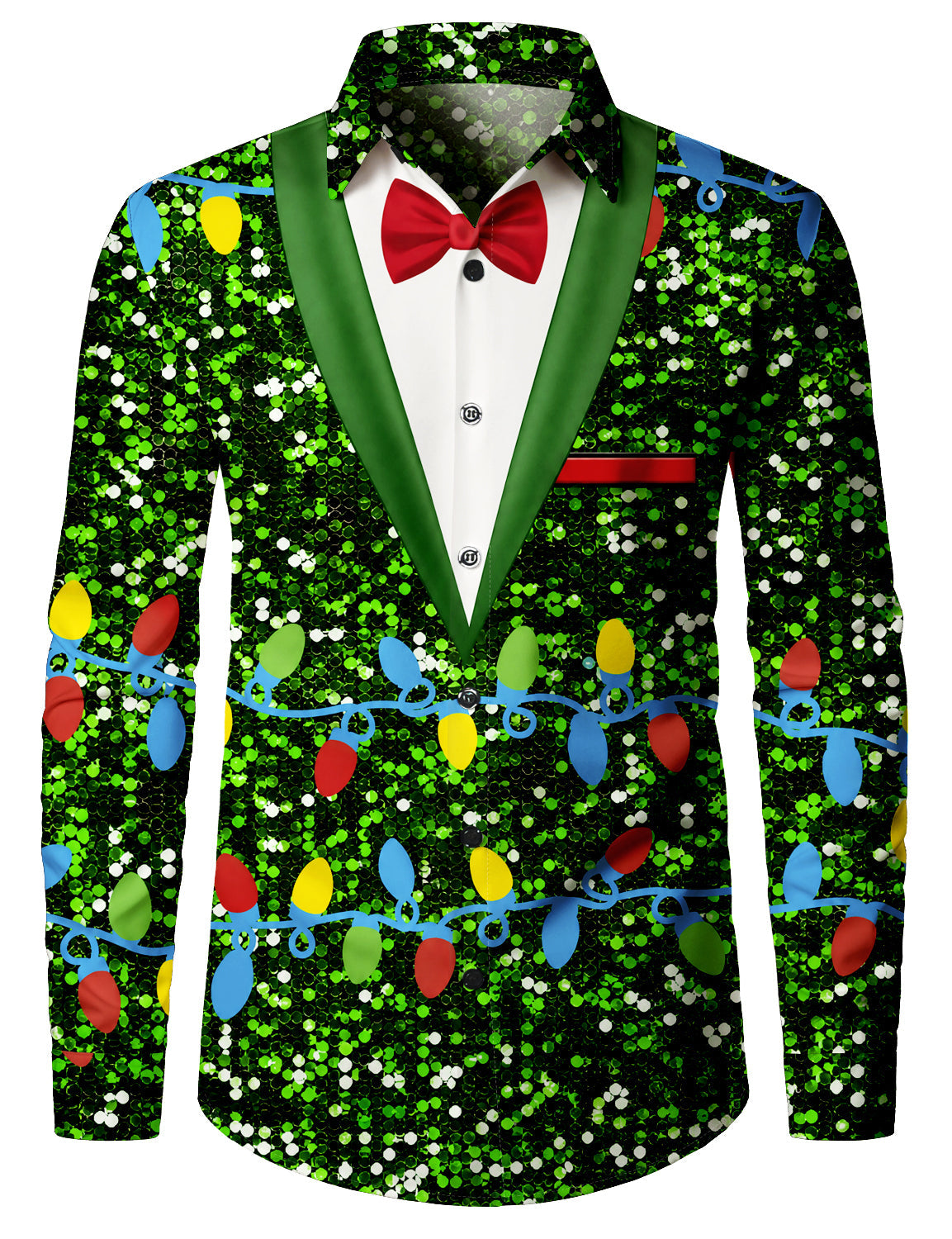 Men's Green Sequin Christmas Lights Bow Tie Tuxedo Long Sleeve Shirt