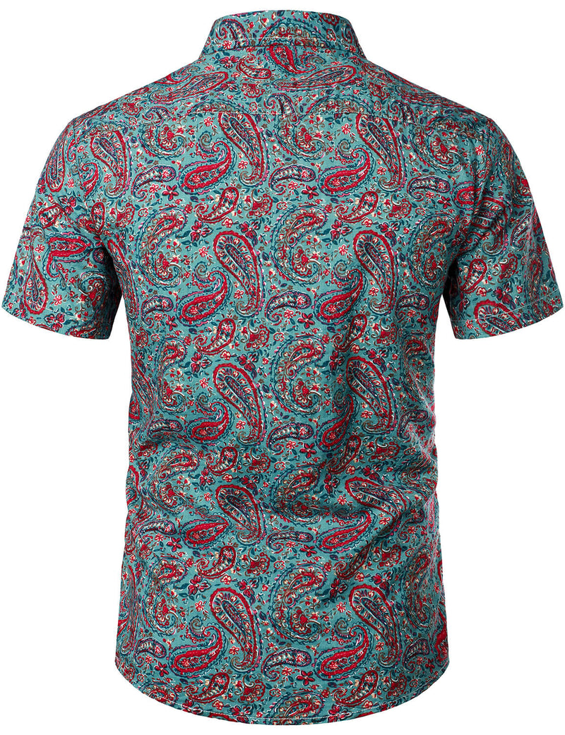 Men's Paisley Vintage Green Cotton Retro 70s Short Sleeve Beach Holiday Button Up Dress Shirt