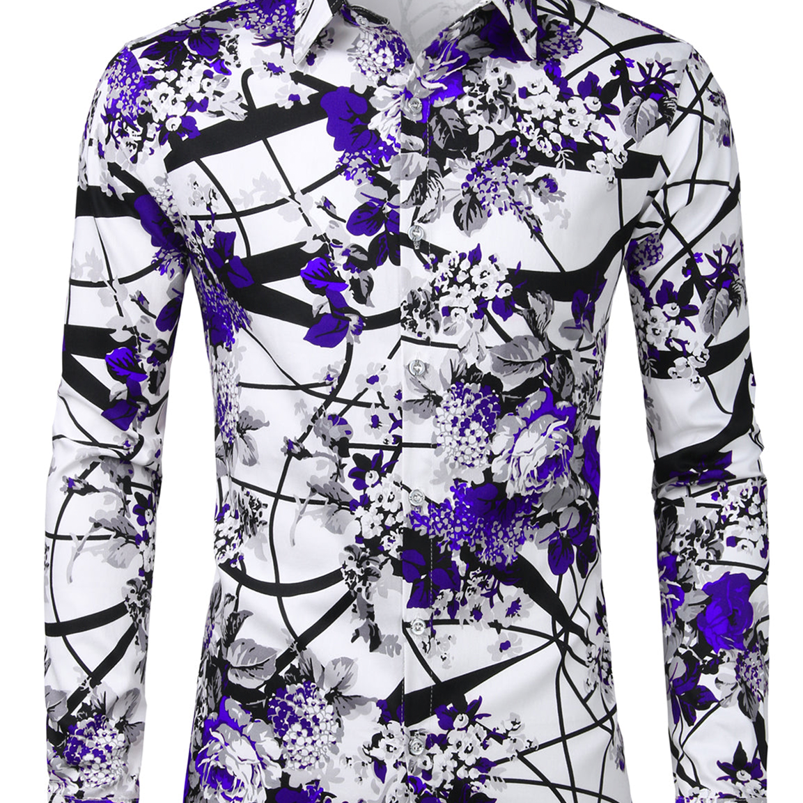 Men's Floral Print Cotton Casual Button Up Breathable Long Sleeve Dress Shirt