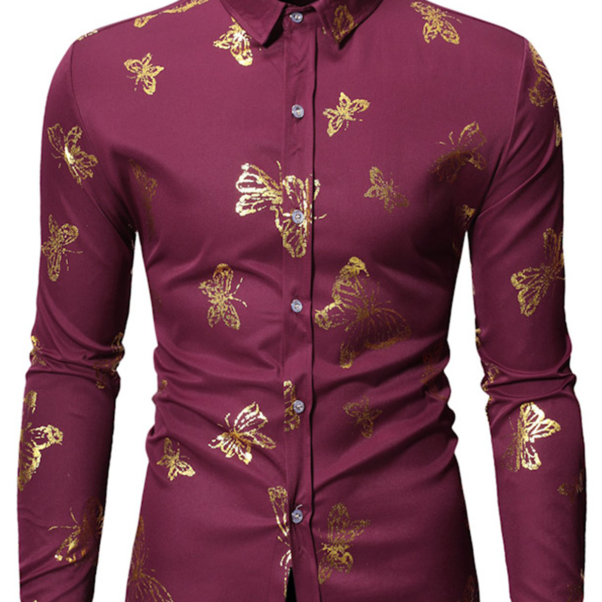 Men's Butterfly Print Long Sleeve Casual Button Dress Shirt