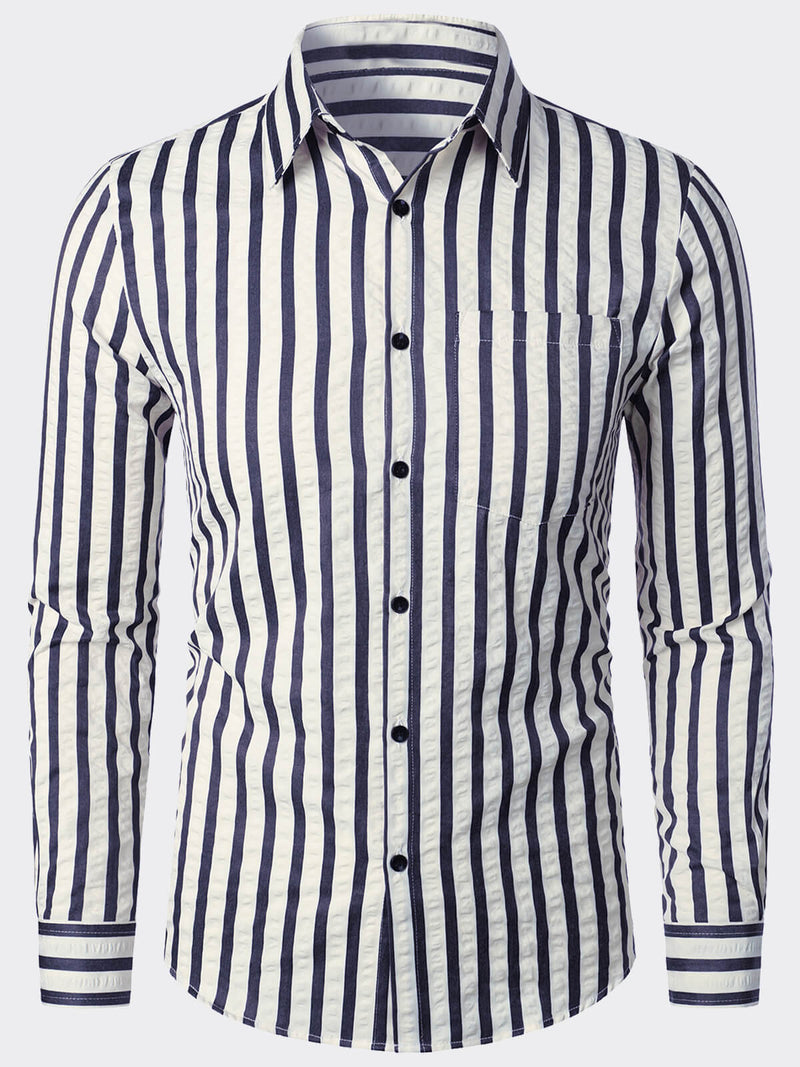 Men's Breathable Striped Pocket Casual Button Up Long Sleeve Shirt