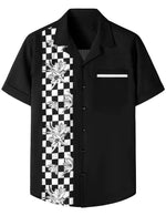 Men's Floral Checkerboard Black and White Checkered Flag 50's Bowling Camp Short Sleeve Shirt