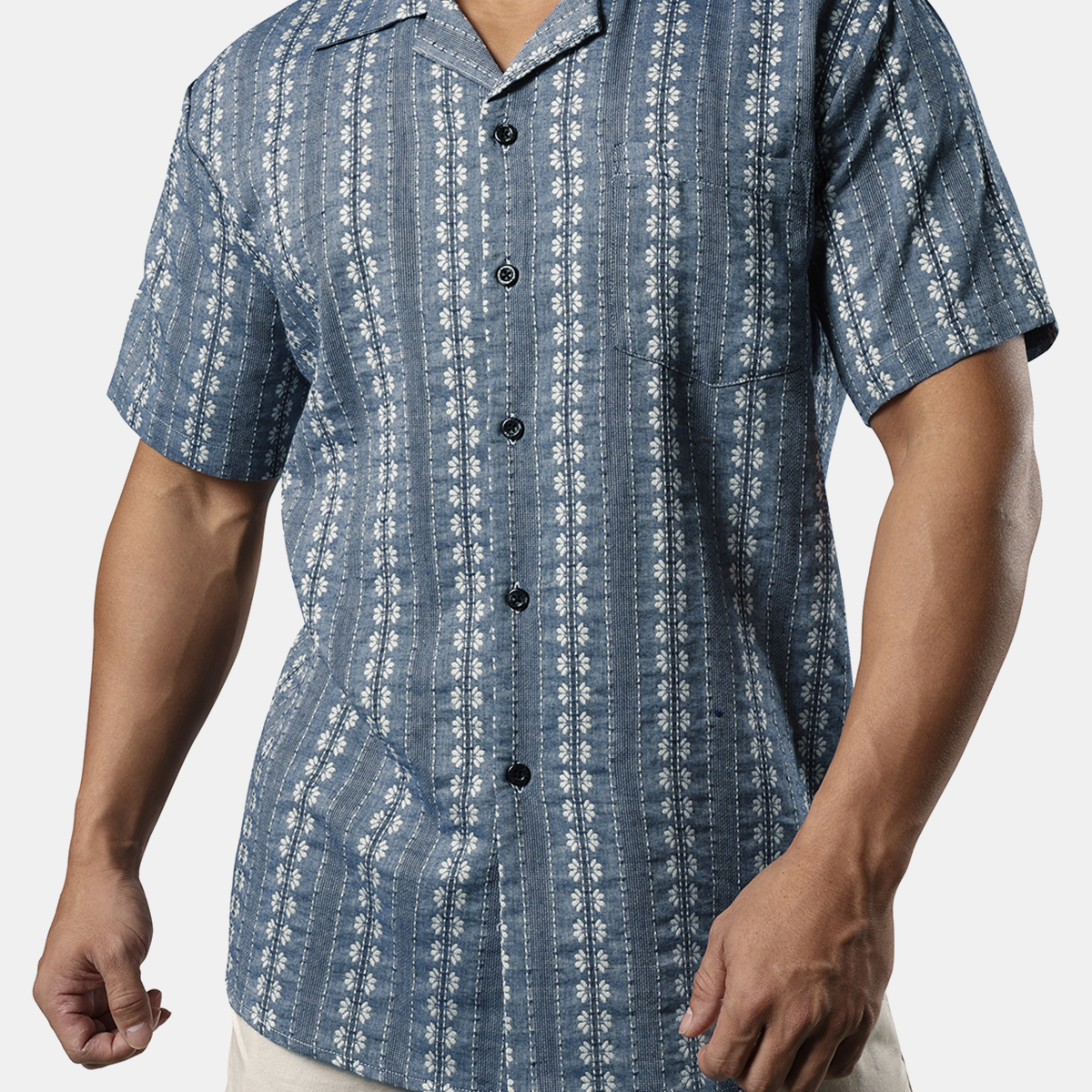 Men's Summer Camp Floral Jacquard Cuban Guayabera Casual Button Short Sleeve Hawaiian Beach Shirt