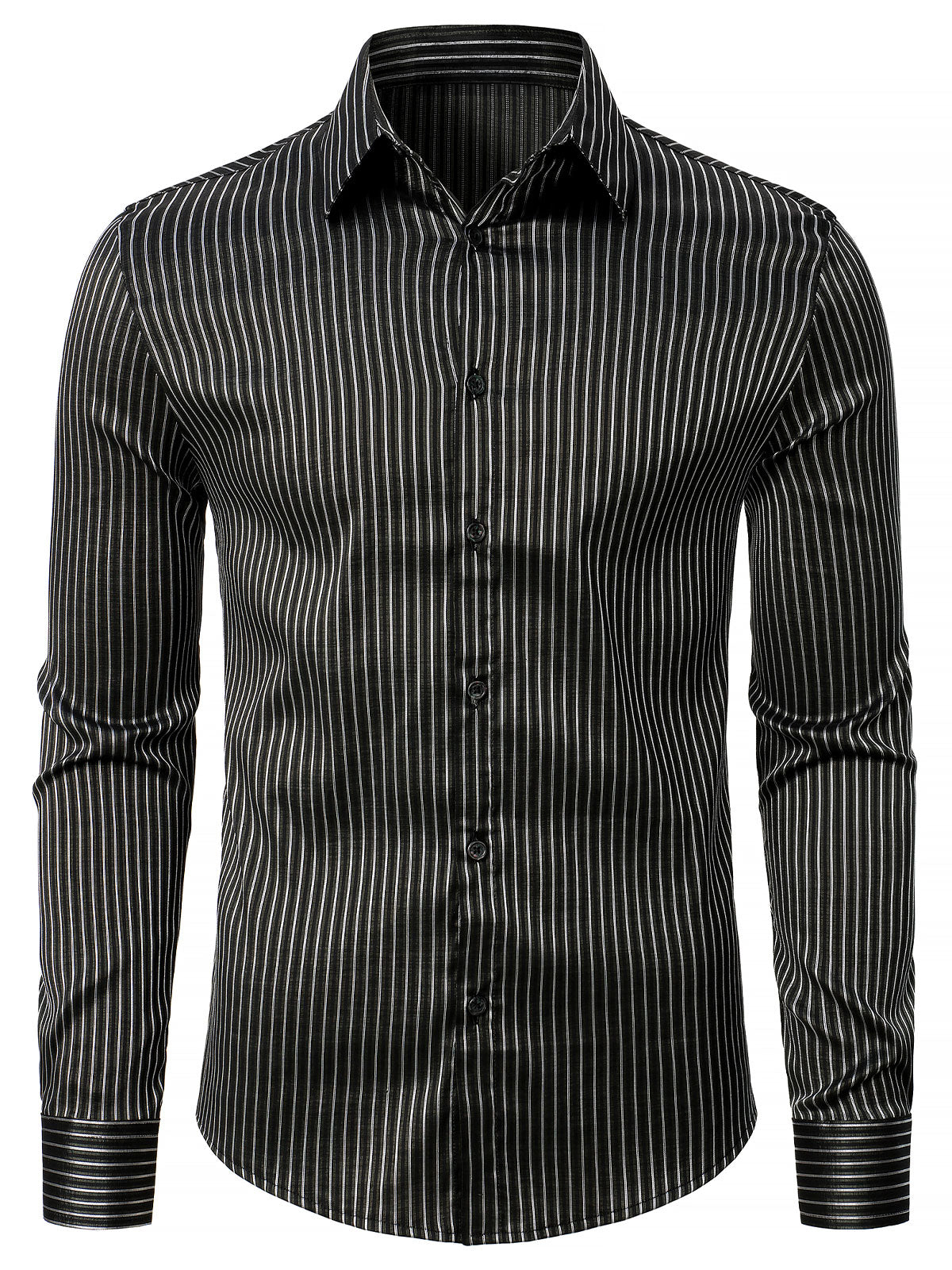 Men‘s Striped Textured Satin Party Slim Fit Wrinkle-Free Button Long Sleeve Shirt